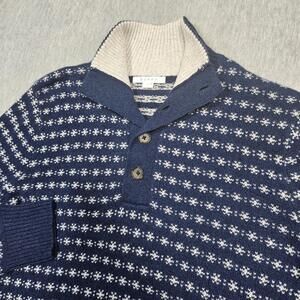 Duffy Sweater Womens L Blue Fair Isle Mock Neck Button Pullover 100% Cashmere